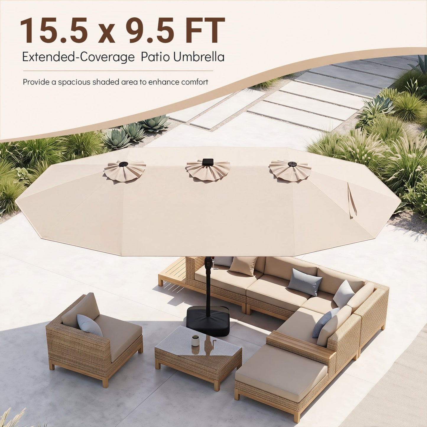 15.5 ft Patio Umbrella with Solar LED Lights and Base