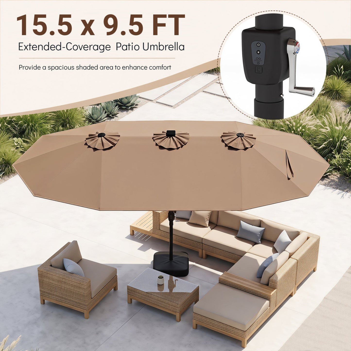 15.5 ft Patio Umbrella with Solar LED Lights and Base