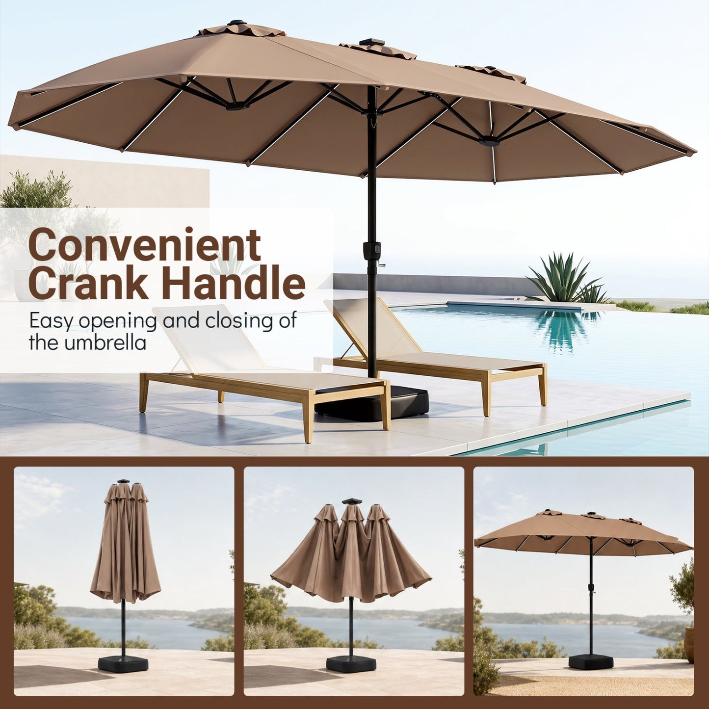 15.5 ft Patio Umbrella with Solar LED Lights and Base