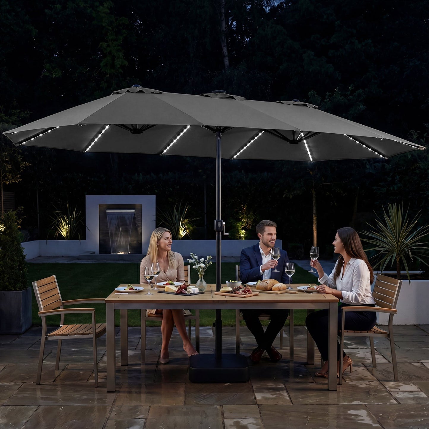 15.5 ft Patio Umbrella with Solar LED Lights and Base