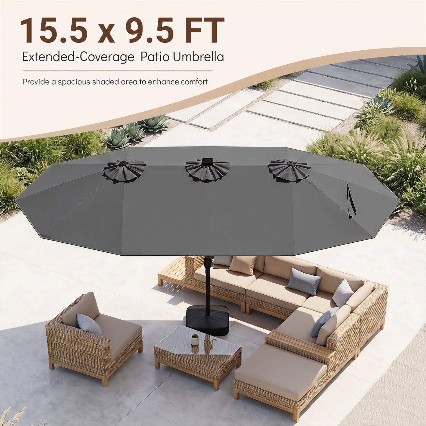 15.5 ft Patio Umbrella with Solar LED Lights and Base