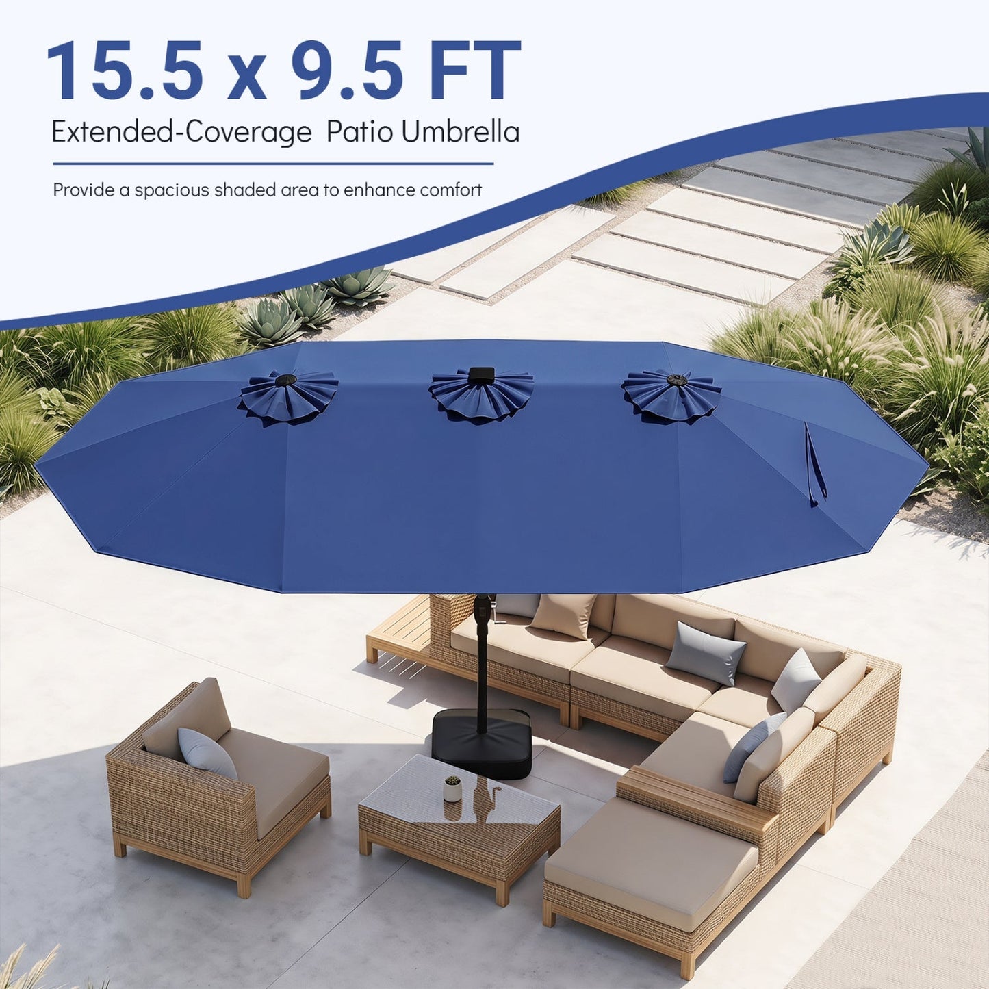 15.5 ft Patio Umbrella with Solar LED Lights and Base