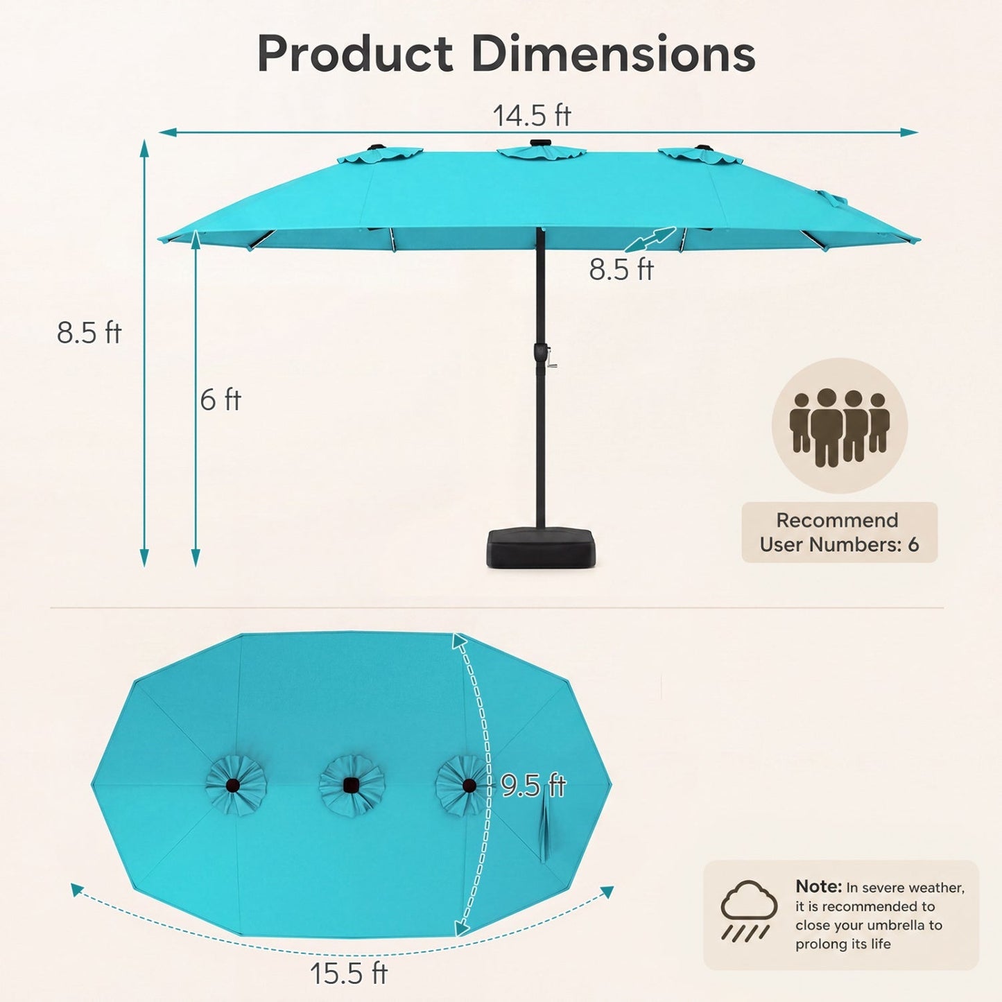 15.5 ft Patio Umbrella with Solar LED Lights and Base