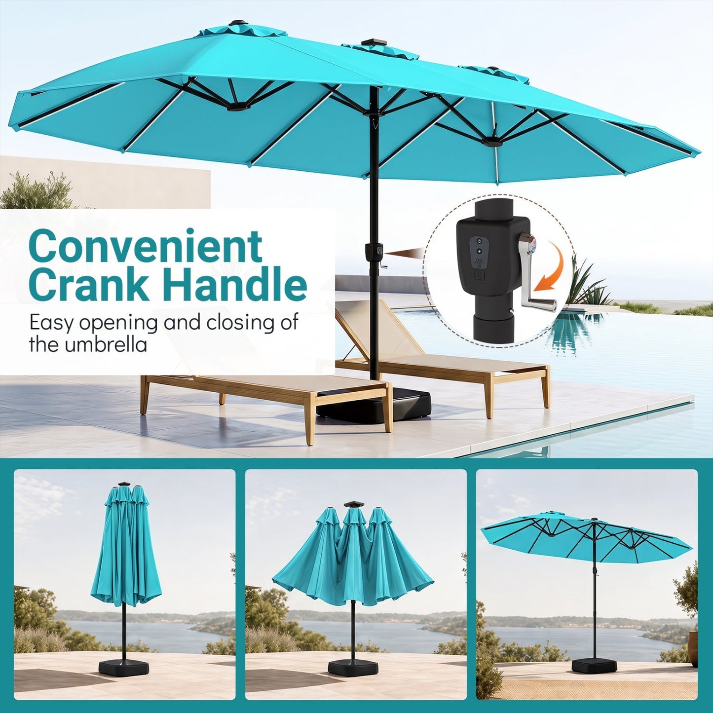15.5 ft Patio Umbrella with Solar LED Lights and Base