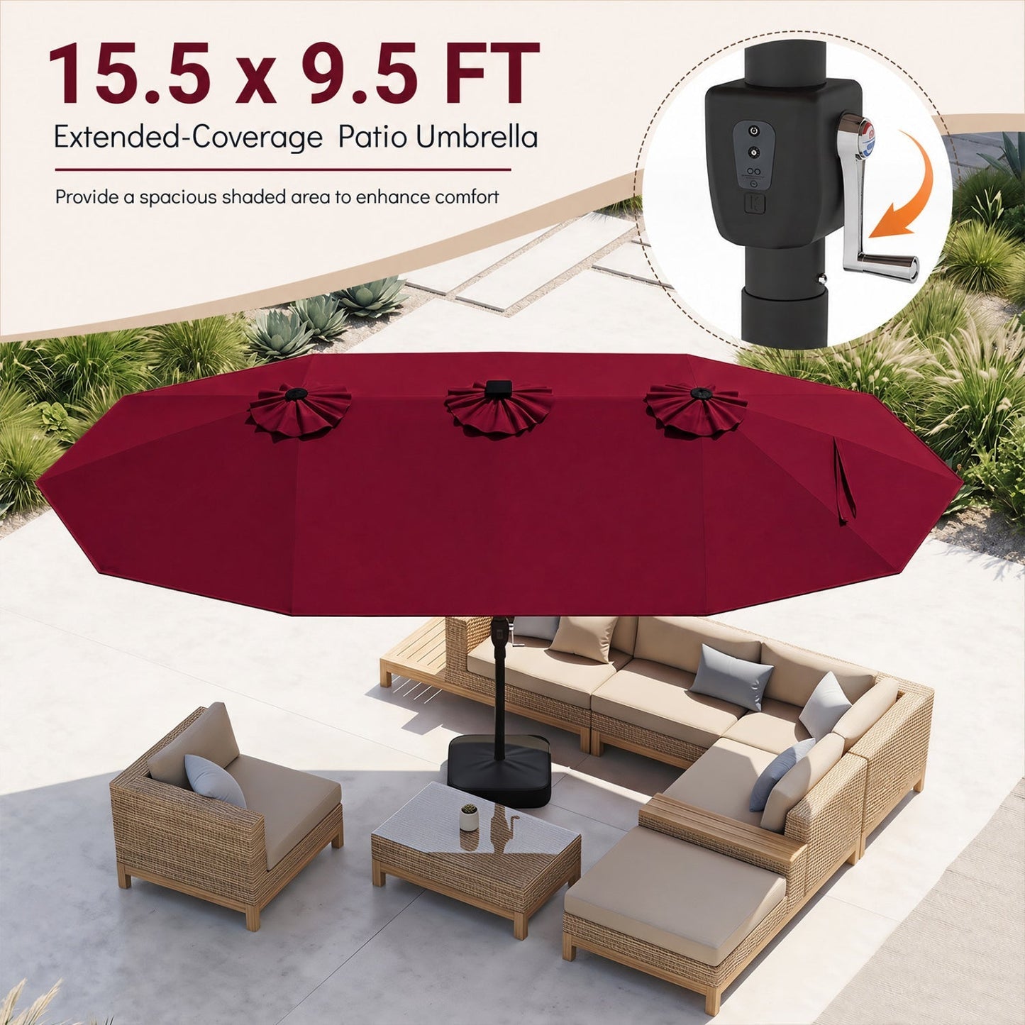 15.5 ft Patio Umbrella with Solar LED Lights and Base