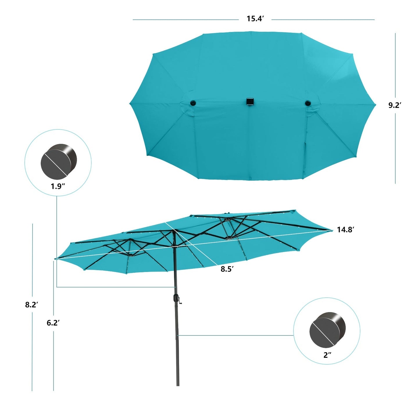 15 Feet Twin Patio Umbrella with 48 Solar LED Lights