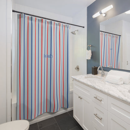 Coastal Blue 'Le Bain' Shower Curtain — French-Inspired Red & Blue Bathroom Decor