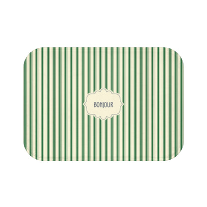 Bonjour GREEN Stripe Bath Mat — Vintage French Bathroom Rug