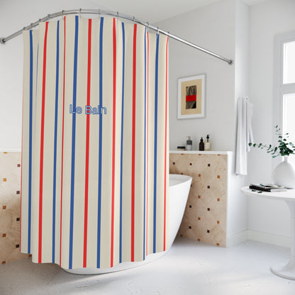 Tricolor Striped 'Le Bain' Shower Curtain — French-Inspired Red & Blue Bathroom Decor
