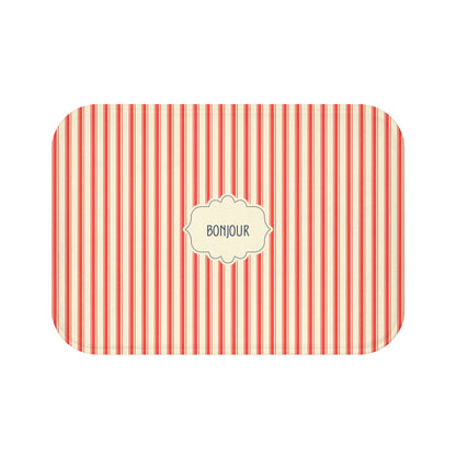 Bonjour RED Stripe Bath Mat — Vintage French Bathroom Rug
