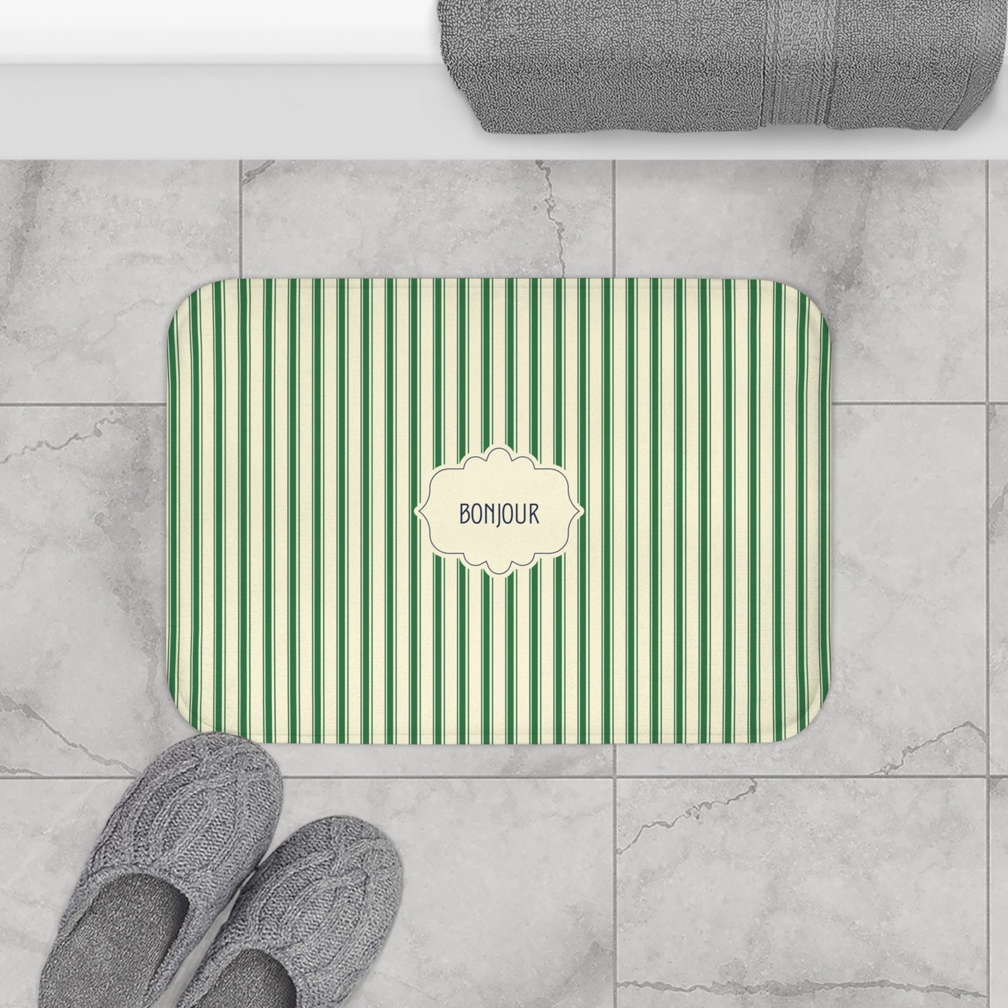 Bonjour GREEN Stripe Bath Mat — Vintage French Bathroom Rug