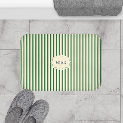 Bonjour GREEN Stripe Bath Mat — Vintage French Bathroom Rug