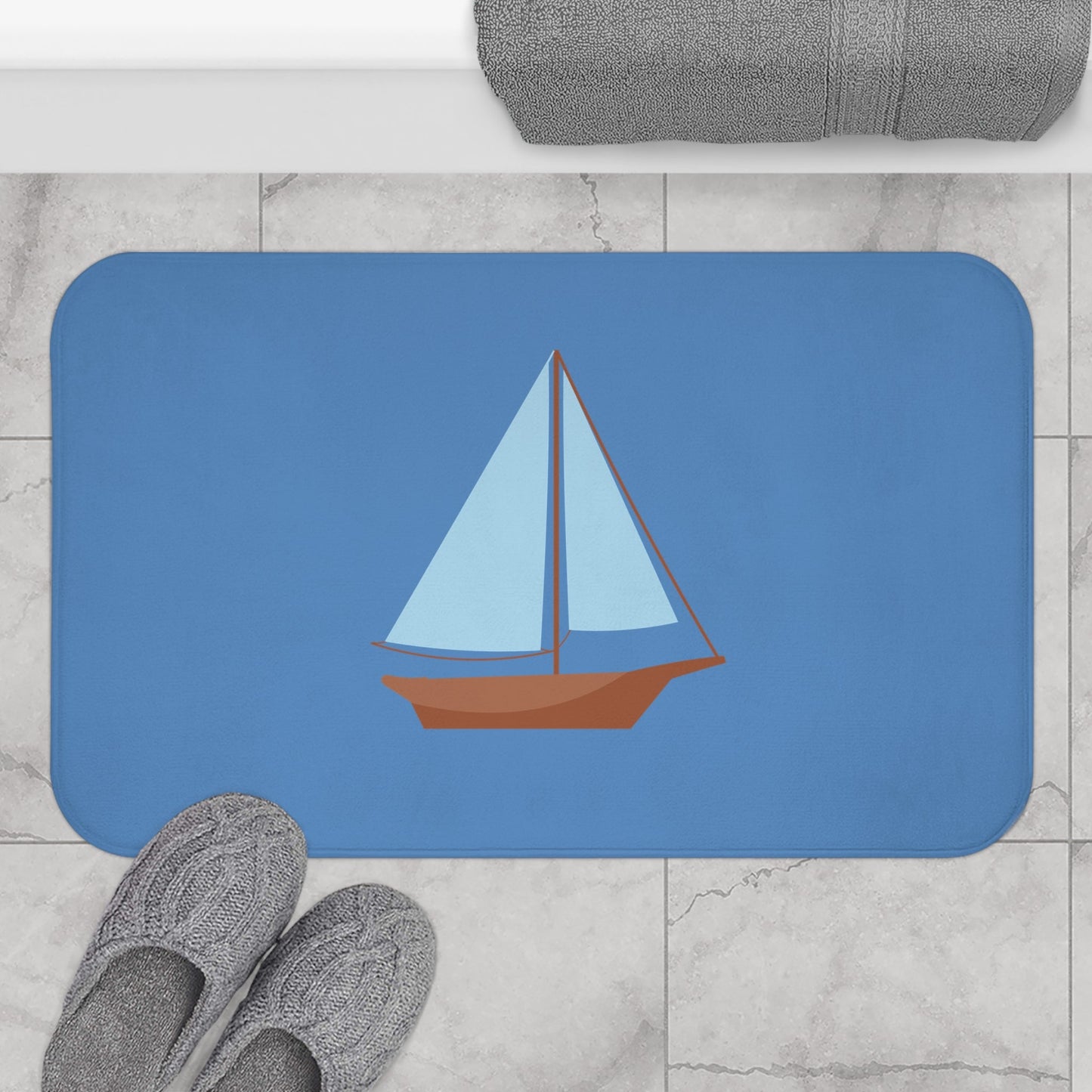 Nautical Vintage Sailboat Bath Mat, FRENCH BLUE — Soft Coastal Bathroom Rug