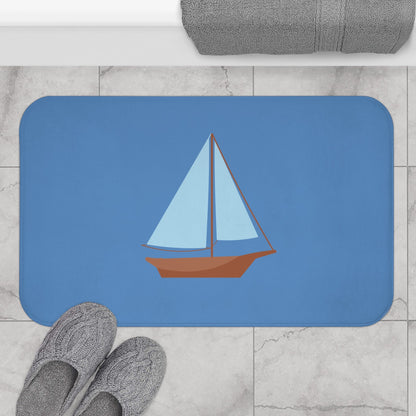Nautical Vintage Sailboat Bath Mat, FRENCH BLUE — Soft Coastal Bathroom Rug
