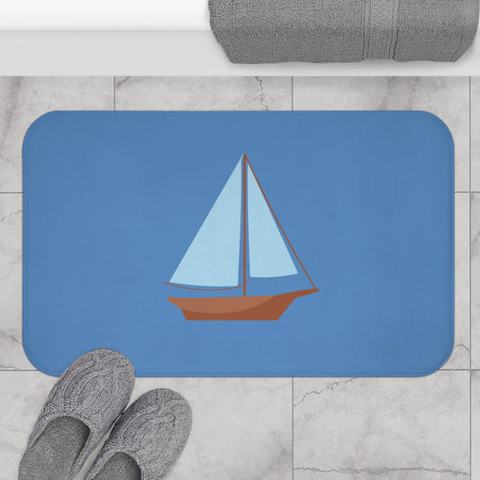 Nautical Vintage Sailboat Bath Mat, FRENCH BLUE — Soft Coastal Bathroom Rug