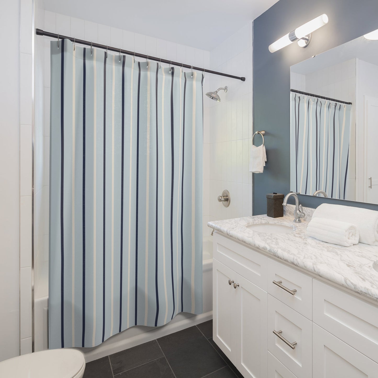Pale Blue Stripe Shower Curtain – Coastal Modern Bathroom Decor