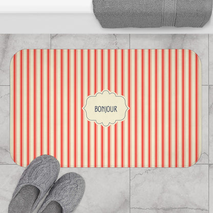 Bonjour RED Stripe Bath Mat — Vintage French Bathroom Rug