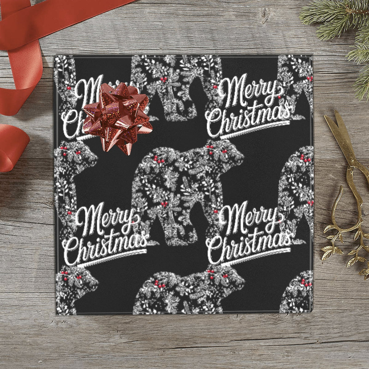 Merry Christmas Polar Bear Black Gift Wrapping Paper - 2 Rolls (Made in USA)