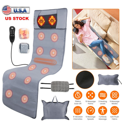 Full Body Electric Massage Mat with Heat Vibration Massage Pad Cushion Back Massage Mattress Chair Pad with Neck Massage Pillow with 10 Vibration Moto