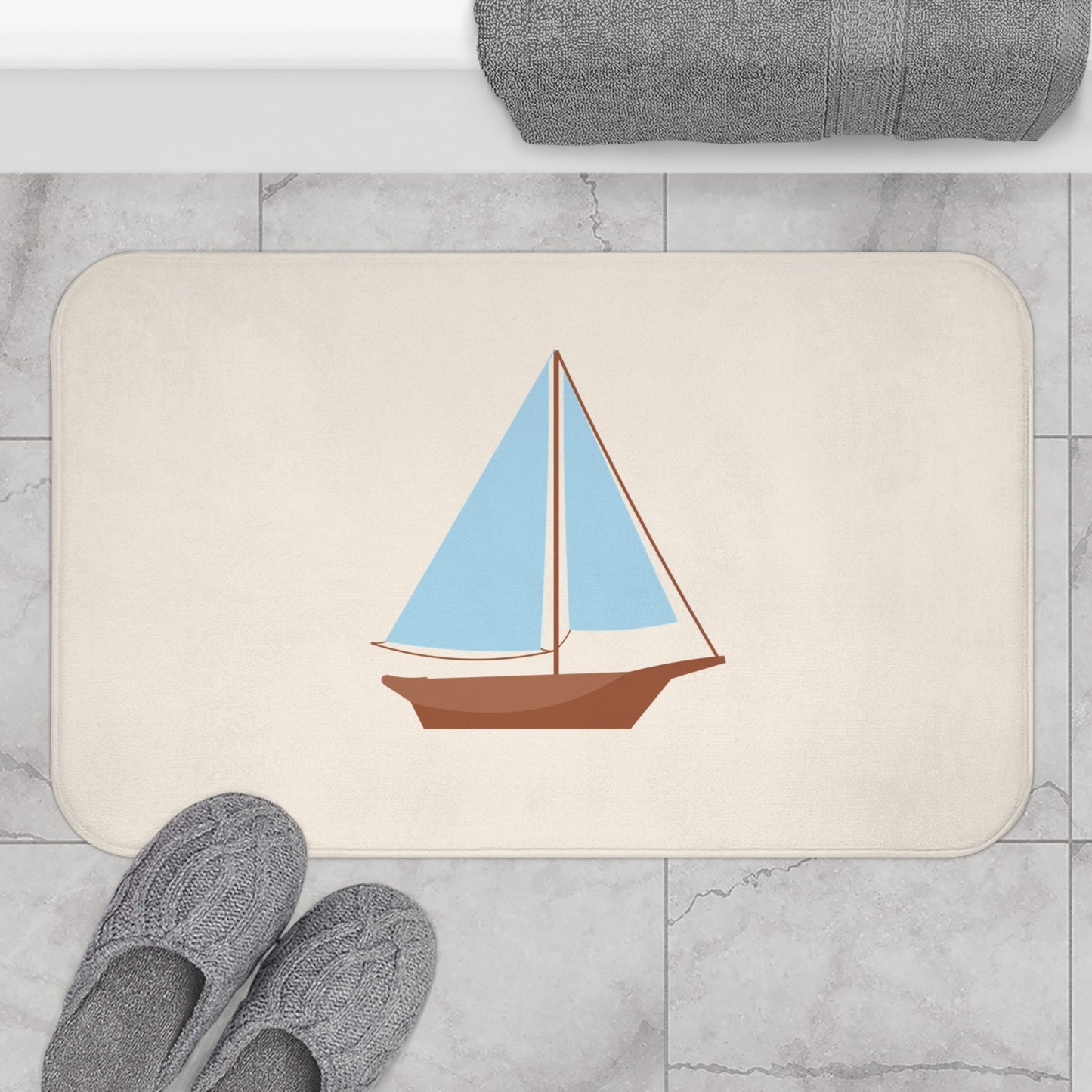 Nautical Vintage Sailboat Bath Mat, CREAM — Soft Coastal Bathroom Rug