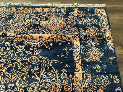 Area Rug 8x10 High Quality Handmade Oriental Carpet, Modern Contemporary Rug, Rug for Living Room, Wool Rug, Blue and Gold, Pakistani Rug