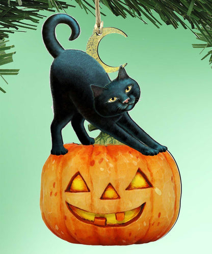 Spooky Halloween Cat Pumpkin Wooden Ornaments - Tree Ornament by Laura Seeley - Thanksgiving Halloween Decor - 8512054-2