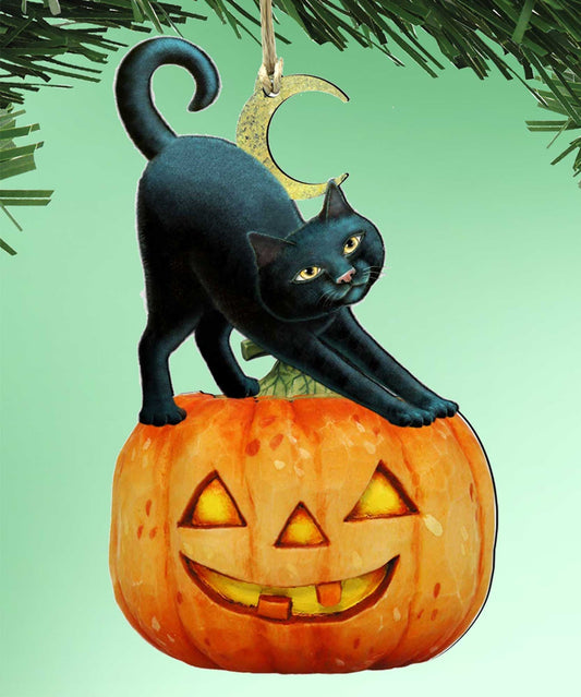 Spooky Halloween Cat Pumpkin Wooden Ornaments - Tree Ornament by Laura Seeley - Thanksgiving Halloween Decor - 8512054-2