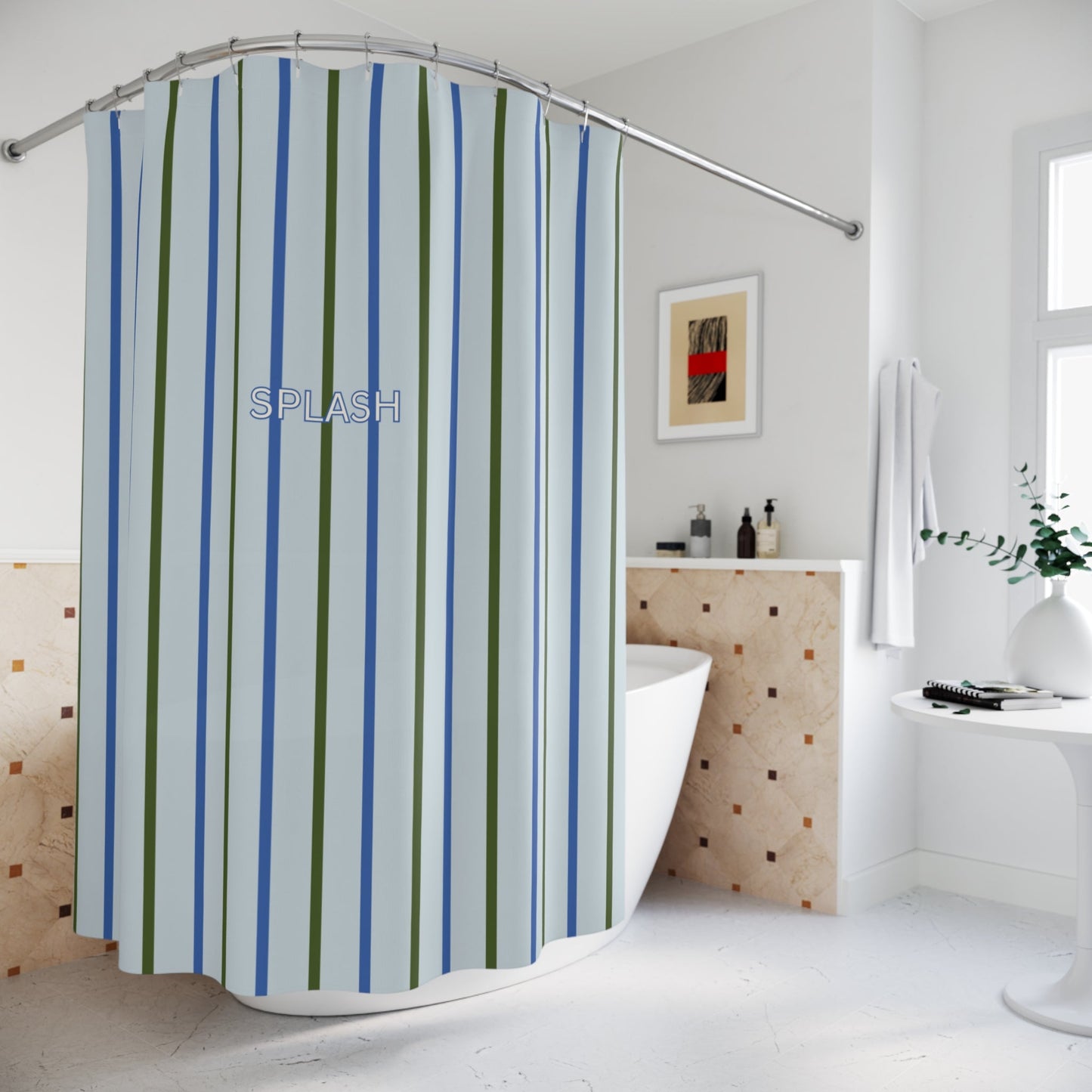 Striped 'SPLASH' Shower Curtain — Coastal Blue & Olive Bath Curtain