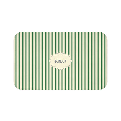 Bonjour GREEN Stripe Bath Mat — Vintage French Bathroom Rug