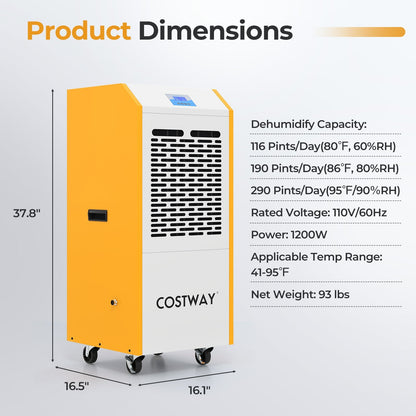 290 Pints Commercial Dehumidifier with Pump and Drain Hose for Basement Warehouse-Yellow
