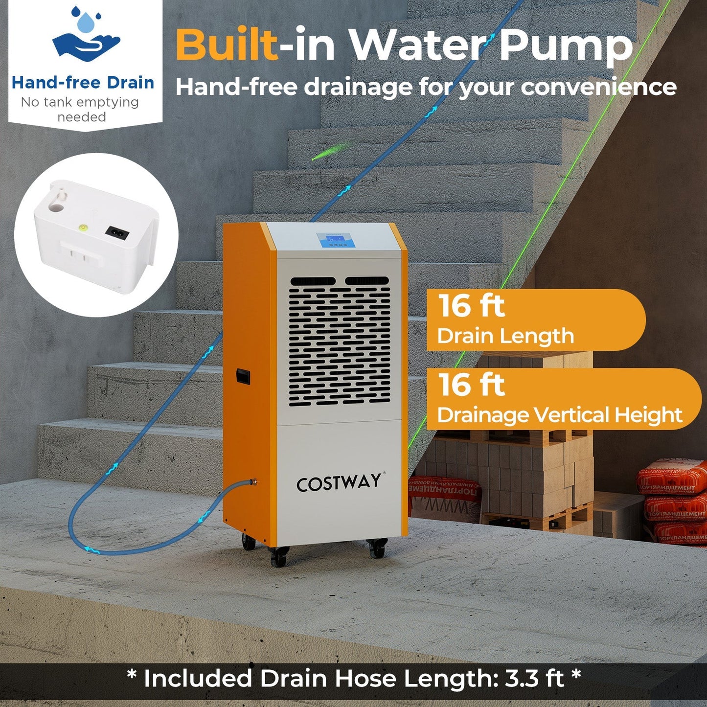 290 Pints Commercial Dehumidifier with Pump and Drain Hose for Basement Warehouse-Yellow