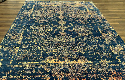 Area Rug 8x10 High Quality Handmade Oriental Carpet, Modern Contemporary Rug, Rug for Living Room, Wool Rug, Blue and Gold, Pakistani Rug