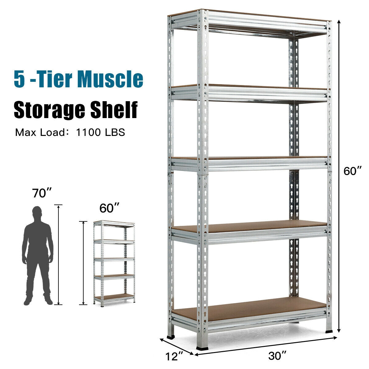 5-Tier Steel Shelving Unit Storage Shelves Heavy Duty Storage Rack-Silver