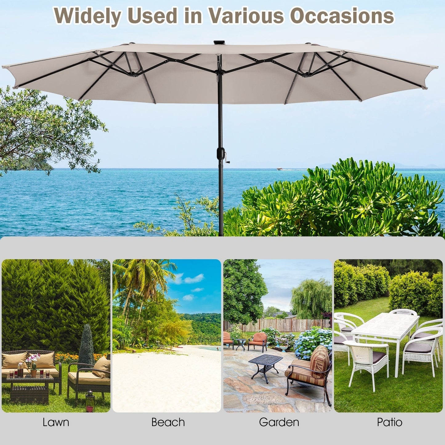 15 Feet Twin Patio Umbrella with 48 Solar LED Lights