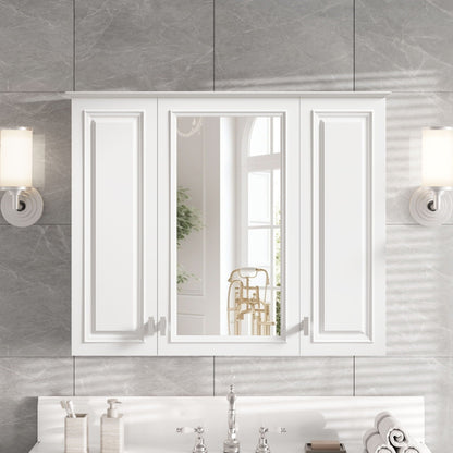 Wall Mounted Mirror Cabinet With 5 Adjustable Shelves, Rectangular Storage For Bathroom - White