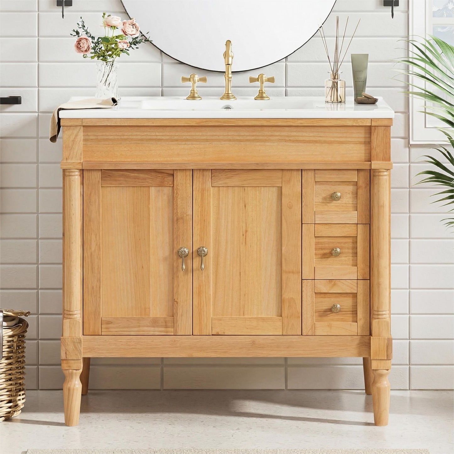 Modern Bathroom Vanity With Ceramic Sink, Soft Close Doors, Adjustable Shelves