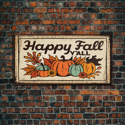 Happy Fall Y'all Typography Art, Rustic Farmhouse Decor, Framed Canvas Print, Canvas Sign, Fall Sign, Thanksgiving Sign Primitive Wall Art