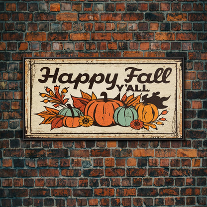 Happy Fall Y'all Typography Art, Rustic Farmhouse Decor, Framed Canvas Print, Canvas Sign, Fall Sign, Thanksgiving Sign Primitive Wall Art