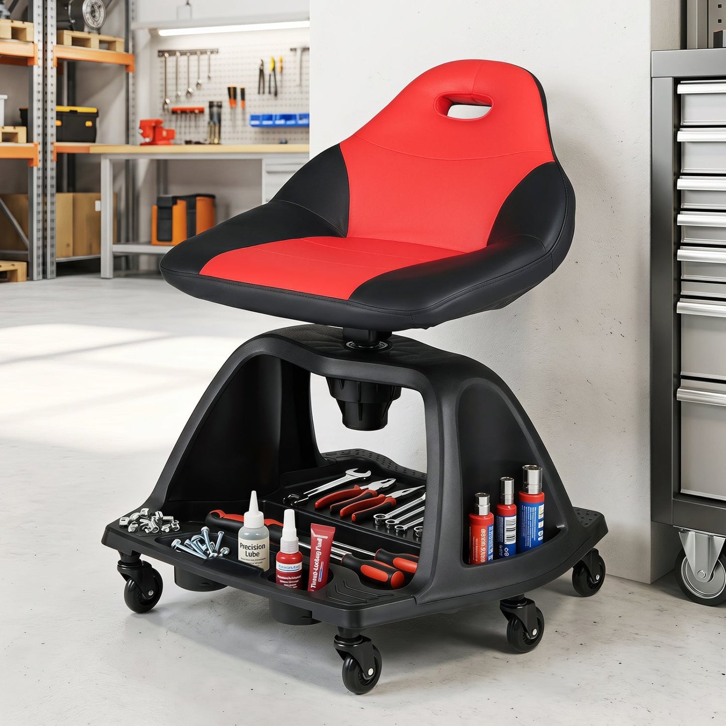Rolling Mechanic Stool with Backrest and Tool Tray - 330 lbs
