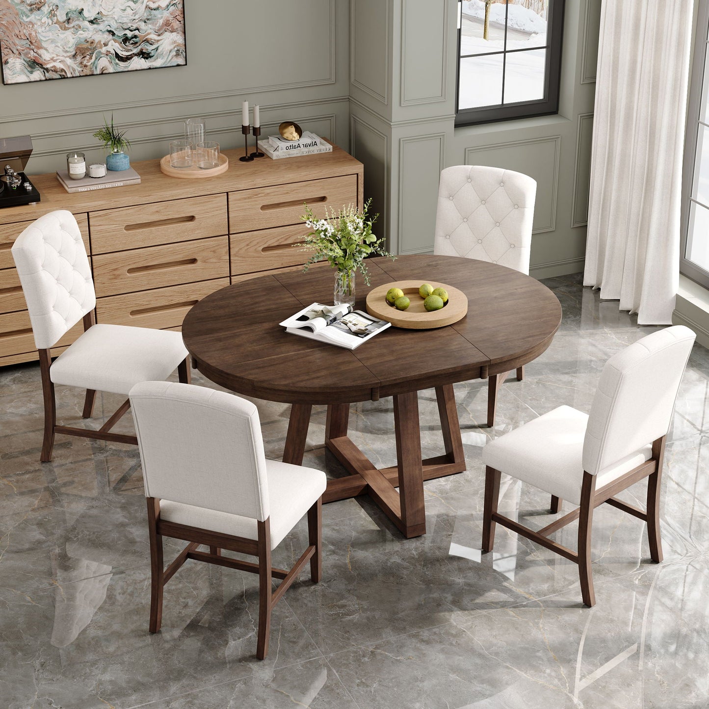 Dining Set With Leaf Round Table And 4 Upholstered Chairs