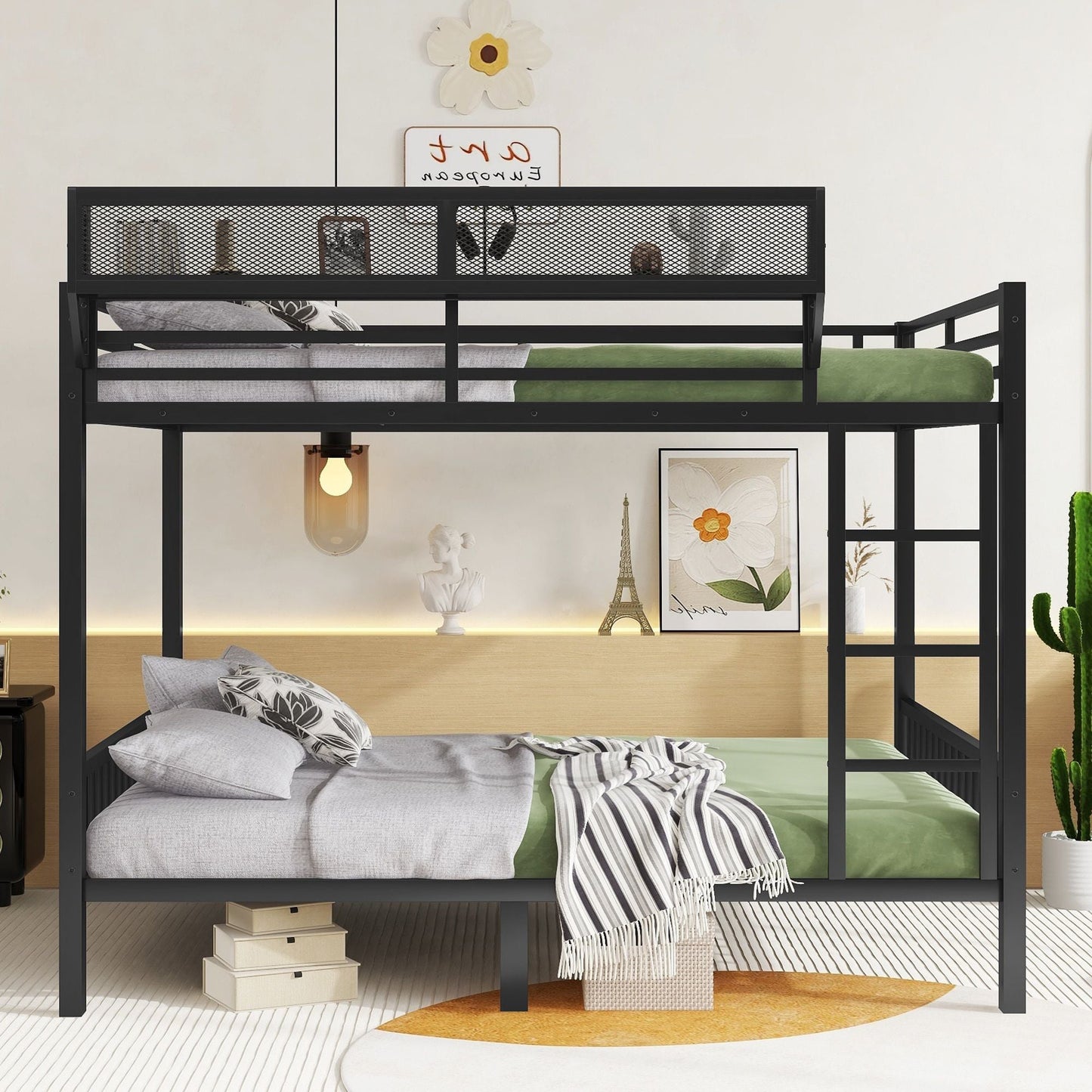 Queen Over Queen Bunk Bed With Ladder And Storage Shelf - Black