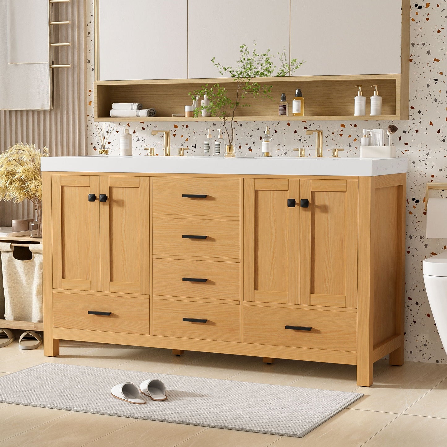 Bathroom Vanity With Double Sink, Soft Close Doors & Drawers Handles - Wood