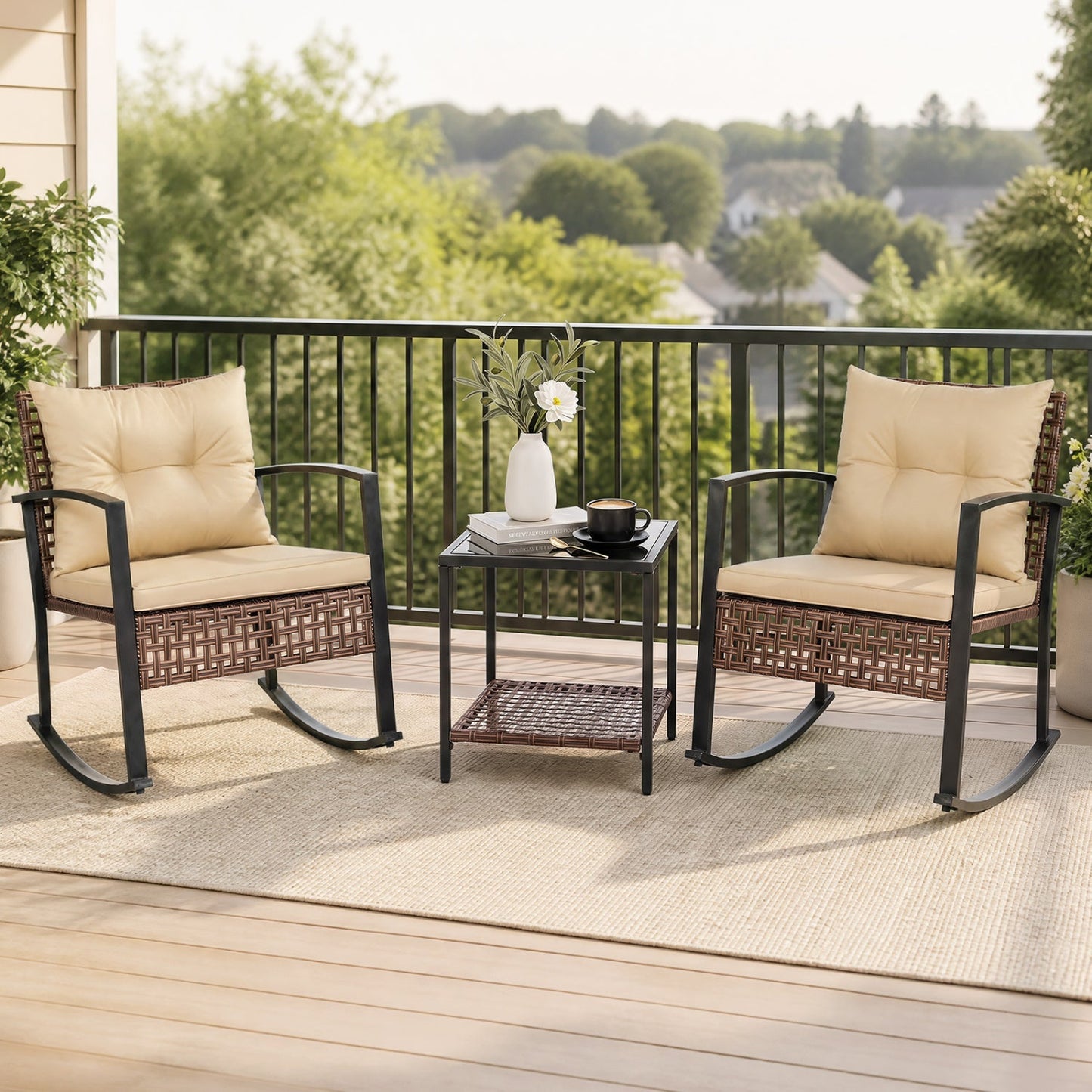3-Piece Rocking Chair Patio Set with Glass Coffee Table
