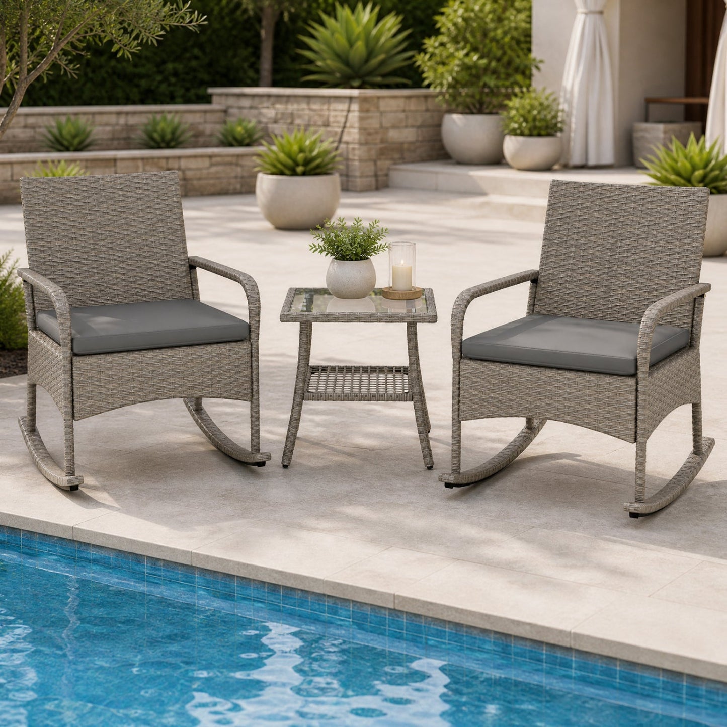 3-Piece Wicker Rocking Bistro Set with Cushions - Gray