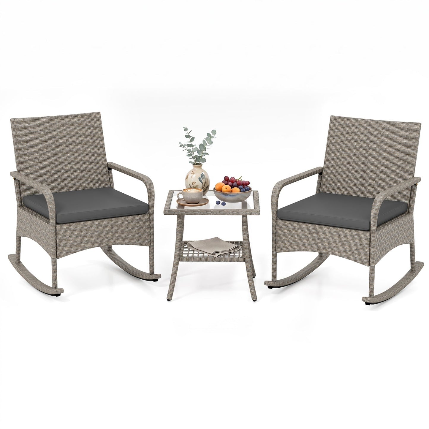 3-Piece Wicker Rocking Bistro Set with Cushions - Gray