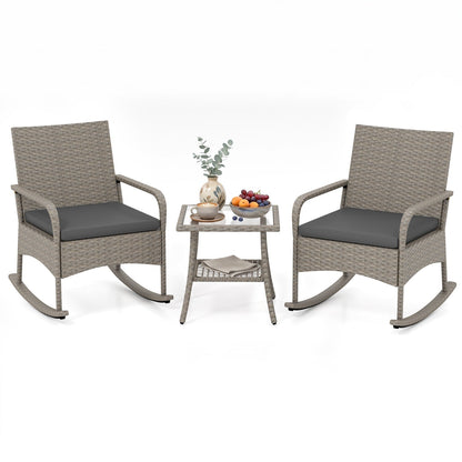 3-Piece Wicker Rocking Bistro Set with Cushions - Gray