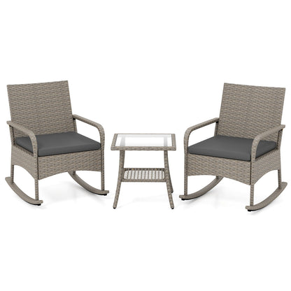 3-Piece Wicker Rocking Bistro Set with Cushions - Gray