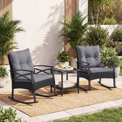 Outdoor Rattan Rocking Chair Set with Side Table - 3 Pieces