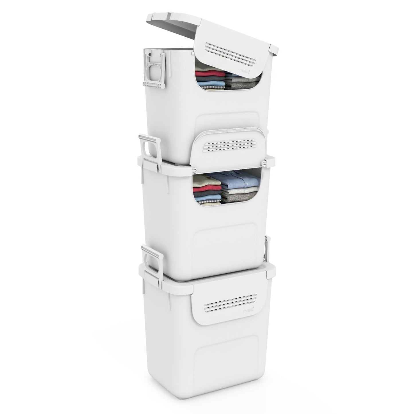 3 Pieces Plastic Storage Bins Stackable with Front Door and Side Handles-White