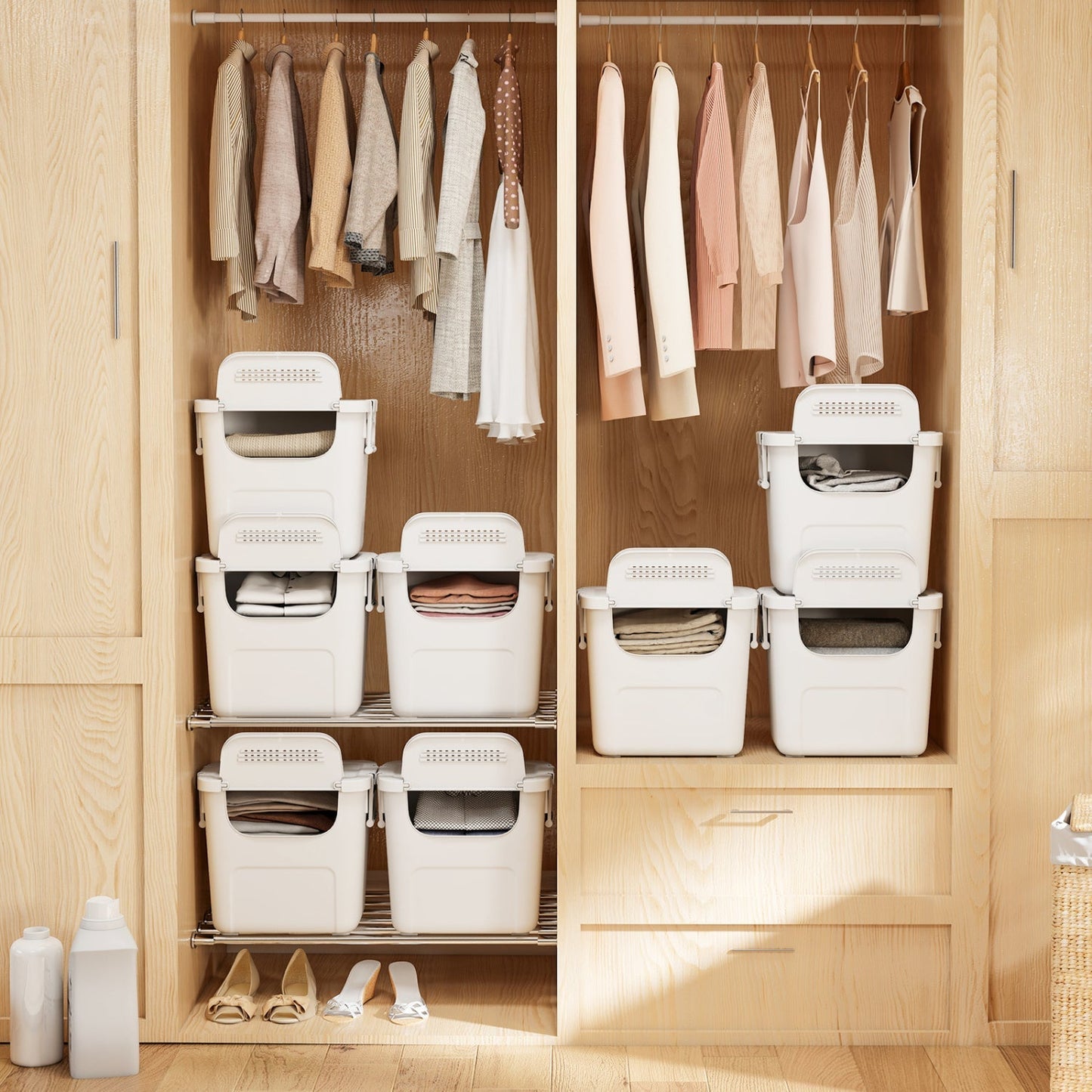 3 Pieces Plastic Storage Bins Stackable with Front Door and Side Handles-White